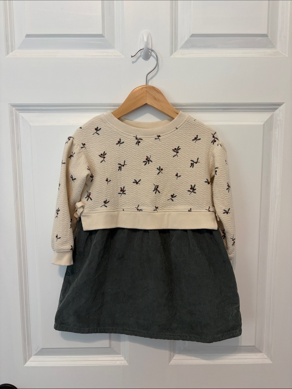 Little Co Cream Floral Knit Bodice Dress with Dark Green Skirt for Girls